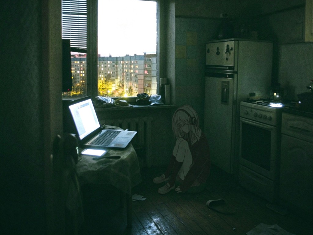 深夜厨房地板上抱膝独坐的女孩，身旁是亮屏电脑与窗外城市灯火